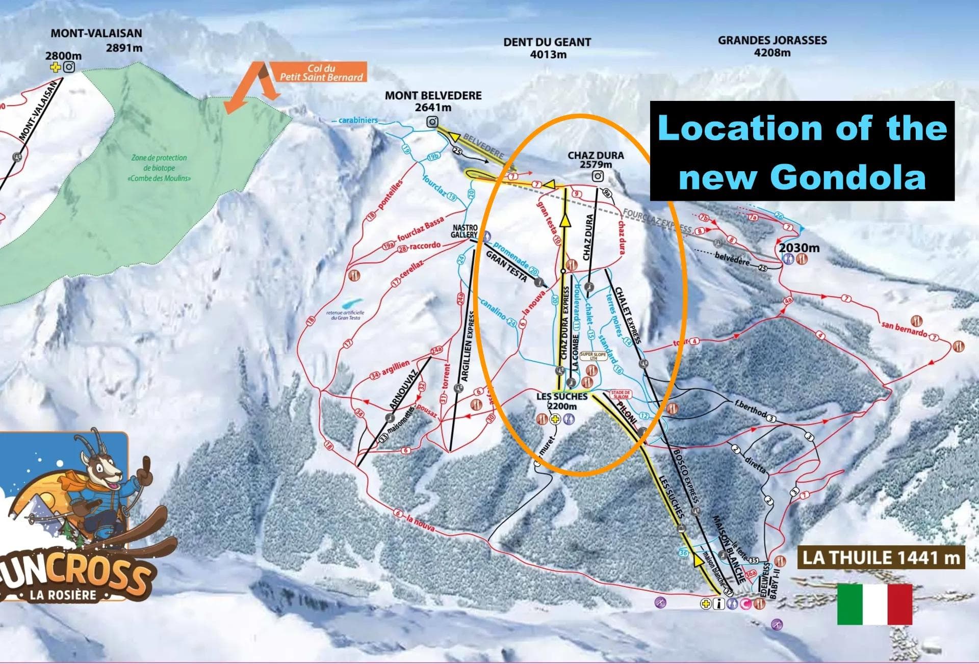 The trail map showing where the new gondola at La Thuile will be located.