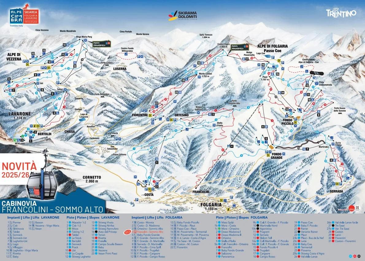 Folgaria Fiorentini complete trail map showing all ski runs and lifts