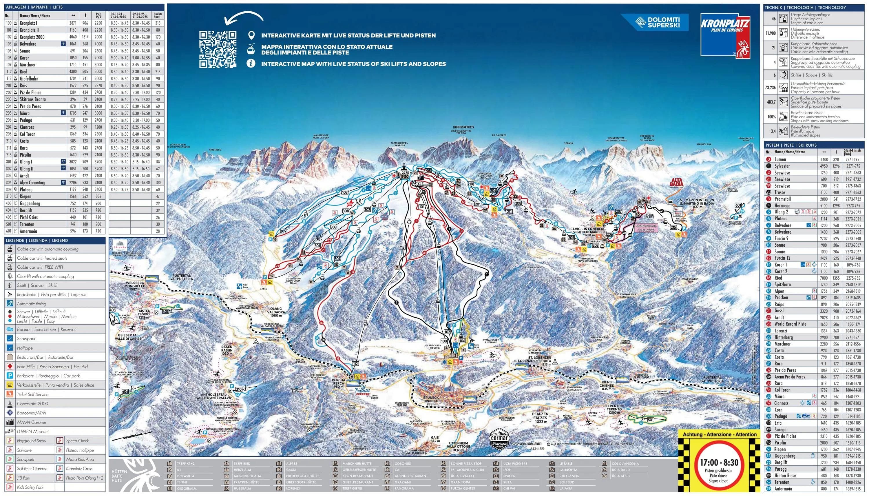 Kronplatz complete trail map showing all ski runs and lifts