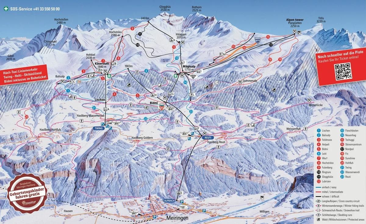 Meiringen-Hasliberg complete trail map showing all ski runs and lifts