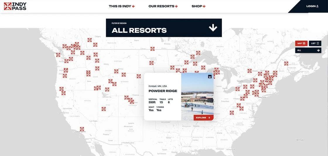 The map of where the Indy Pass is accepted in North America.
