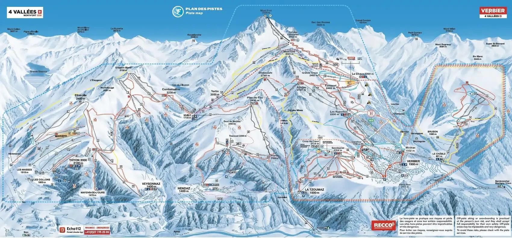 Verbier 4 Vallées complete trail map showing all ski runs and lifts