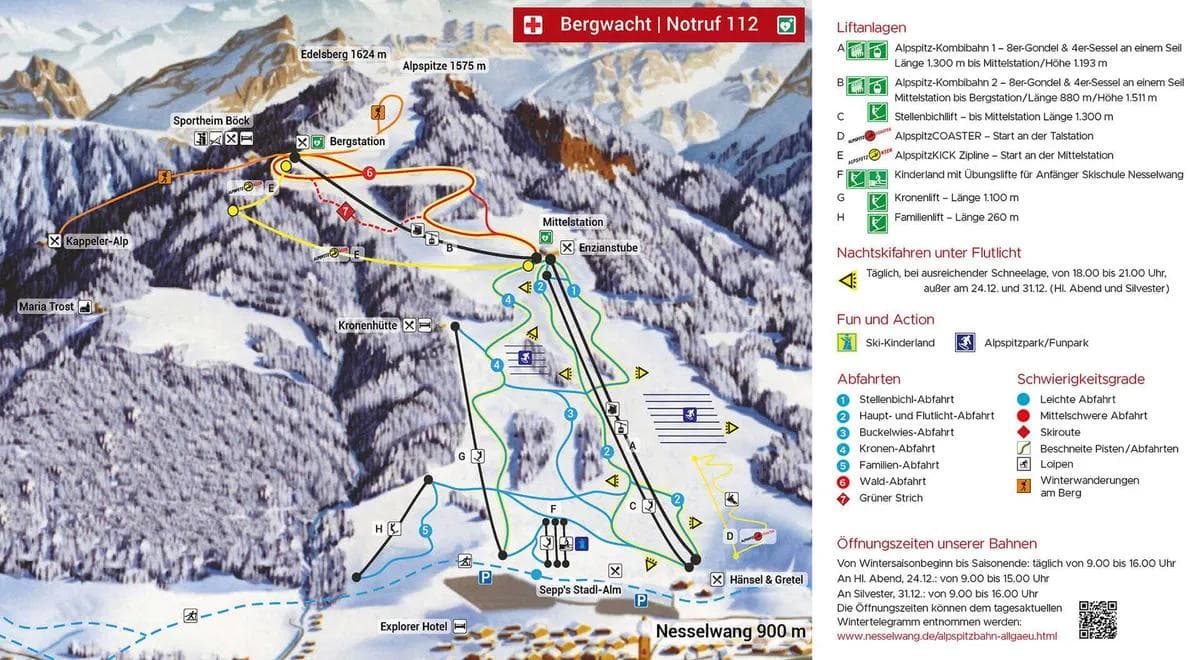 Nesselwang Alpspitzbahn complete trail map showing all ski runs and lifts