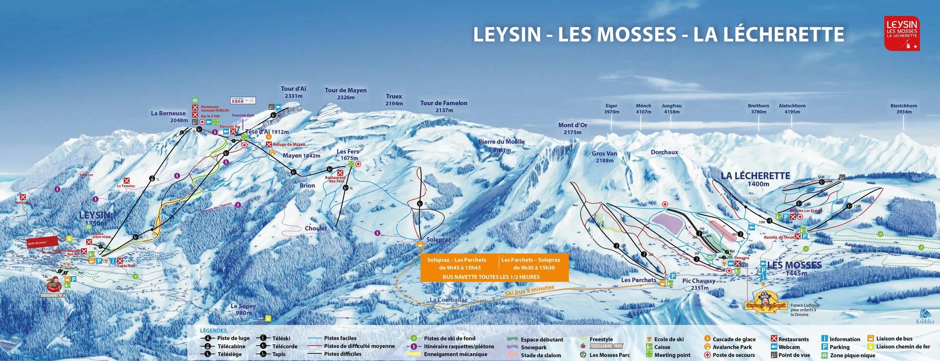 Les Mosses complete trail map showing all ski runs and lifts