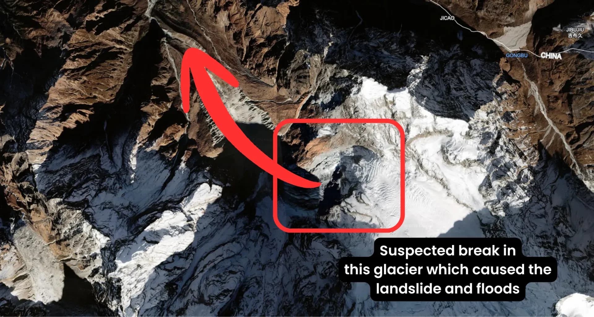 The location of the glacier is found high in the Himalayan mountains.