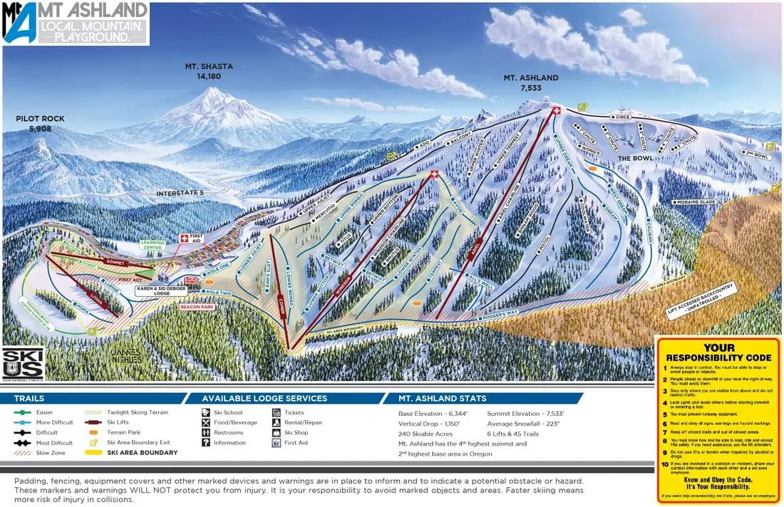 Mt Ashland complete trail map showing all ski runs and lifts