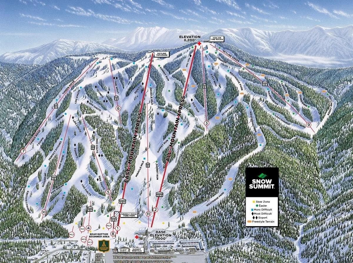 Snow Summit complete trail map showing all ski runs and lifts