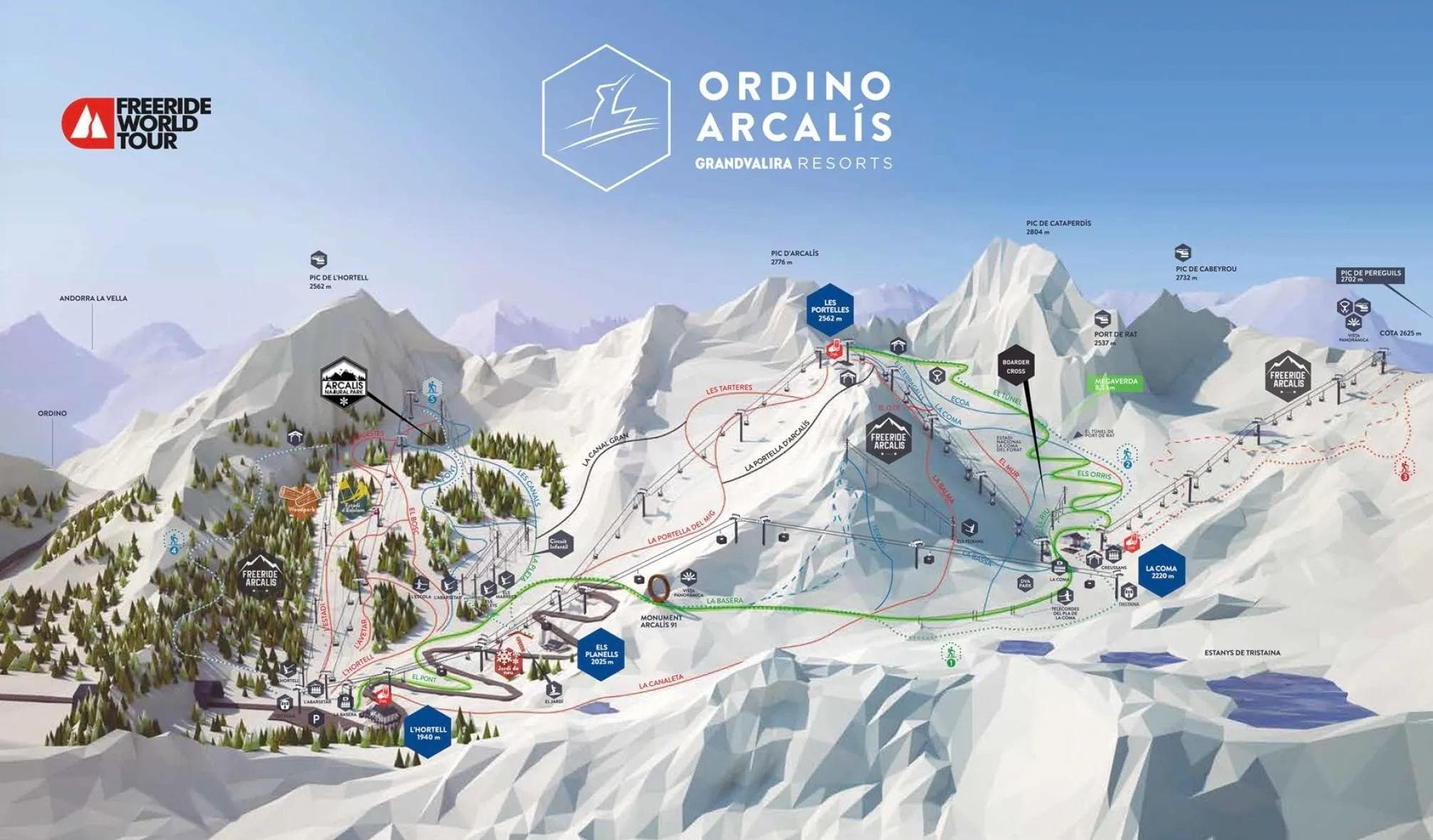 Ordino Arcalís complete trail map showing all ski runs and lifts