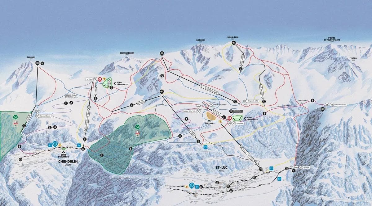 Saint Luc (Anniviers) complete trail map showing all ski runs and lifts