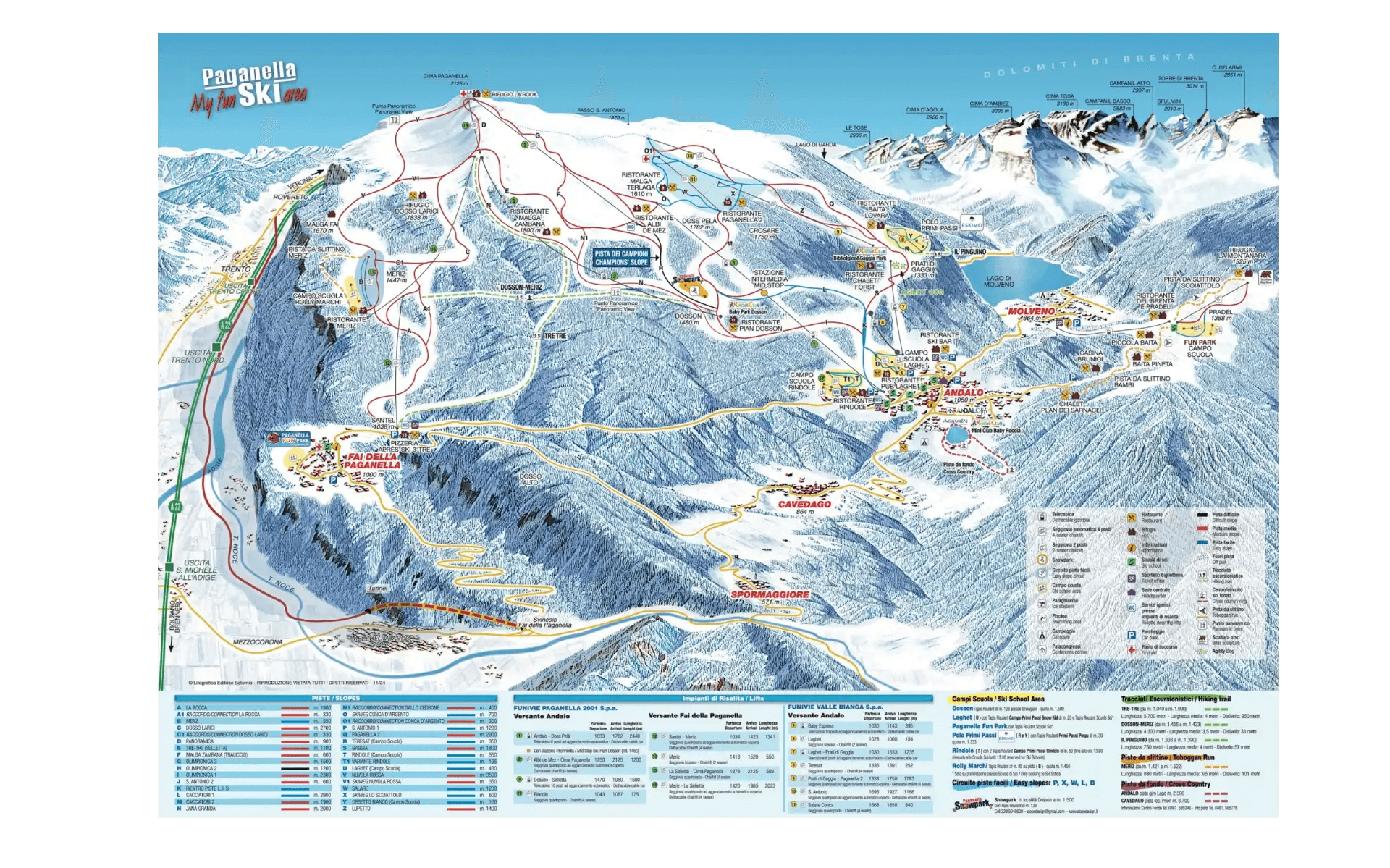 Paganella - Andalo complete trail map showing all ski runs and lifts