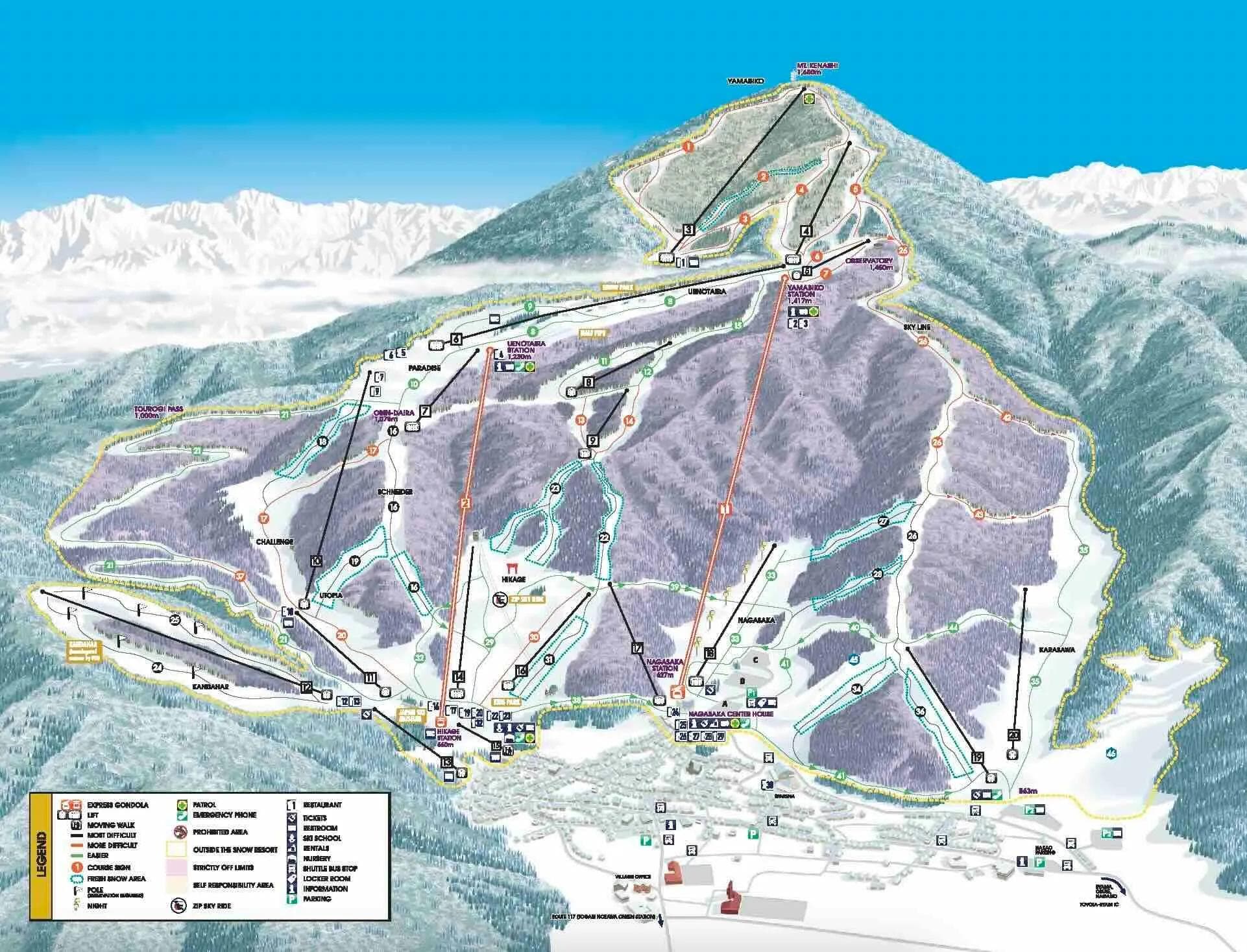 Nozawa Onsen complete trail map showing all ski runs and lifts