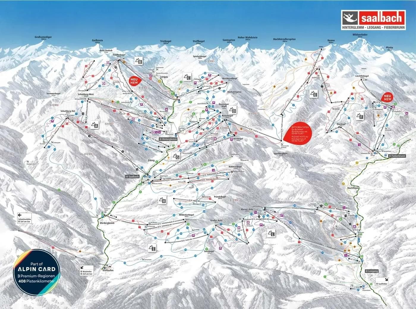 Saalbach-Hinterglemm complete trail map showing all ski runs and lifts