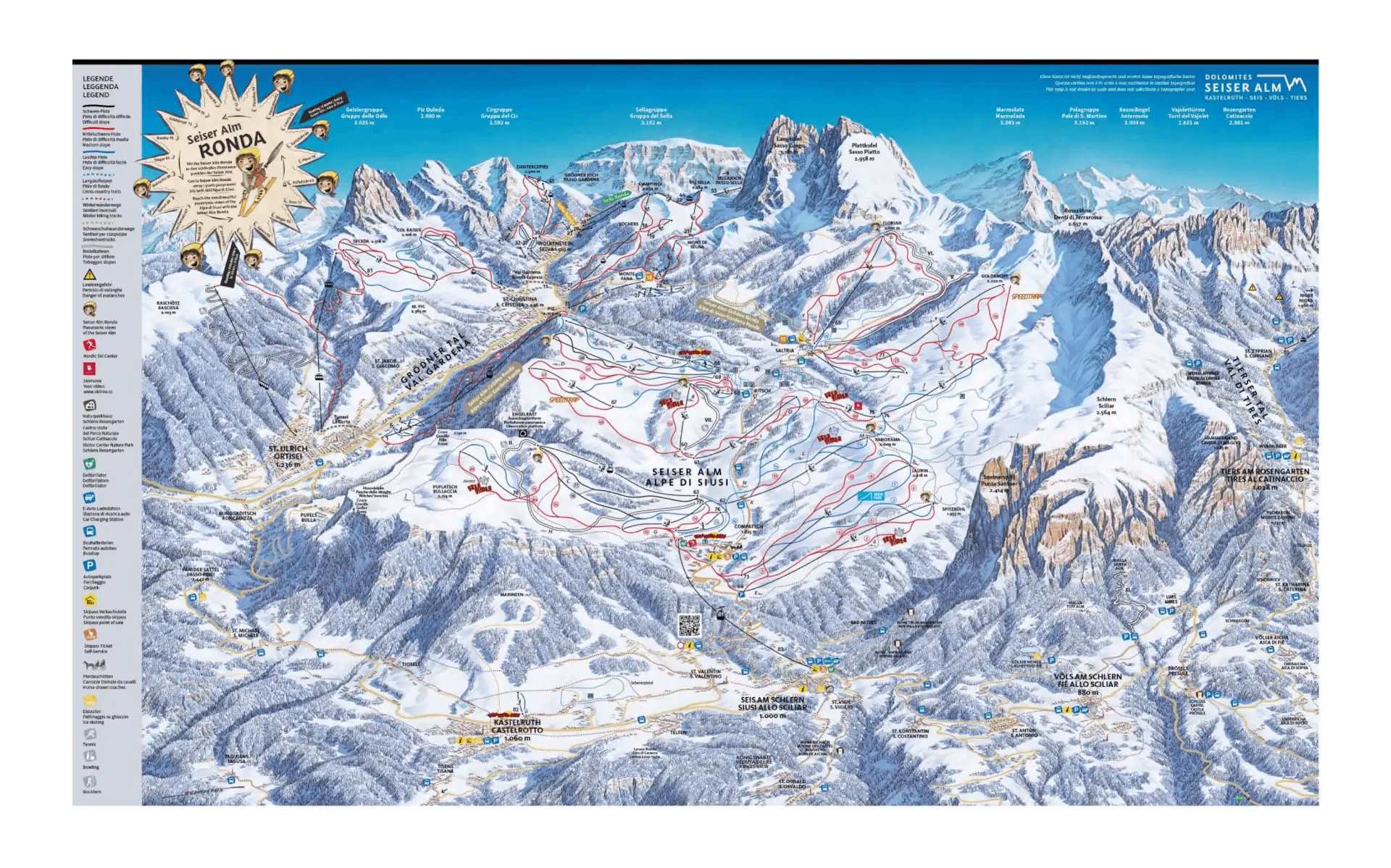 Alpe di Siusi (Seiser Alm) complete trail map showing all ski runs and lifts