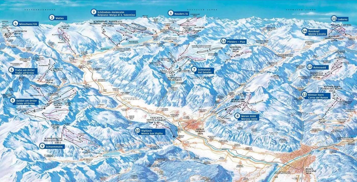 The map showing all the resorts on offer in the Süd Tyrol region.
