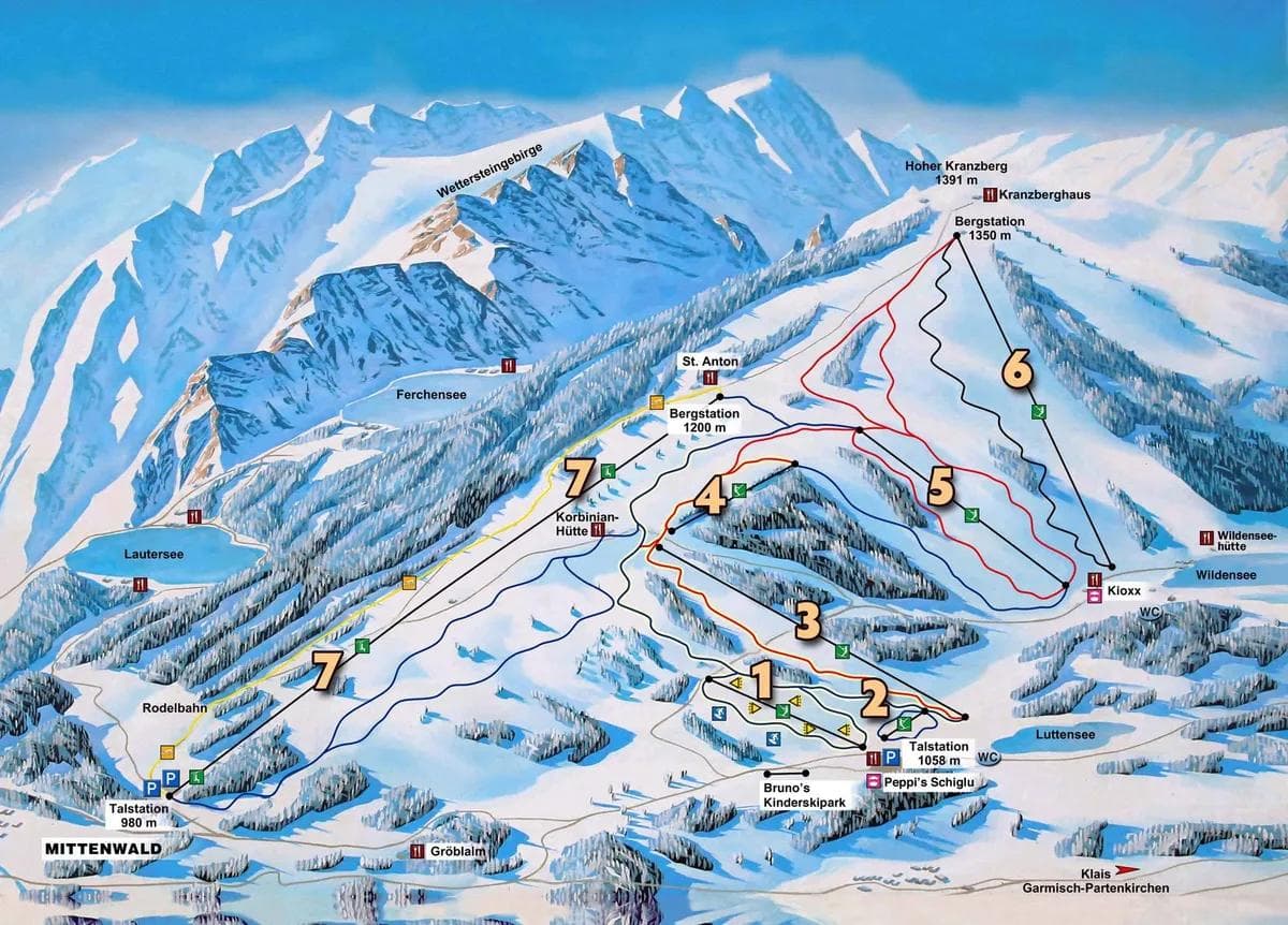 Kranzberg complete trail map showing all ski runs and lifts