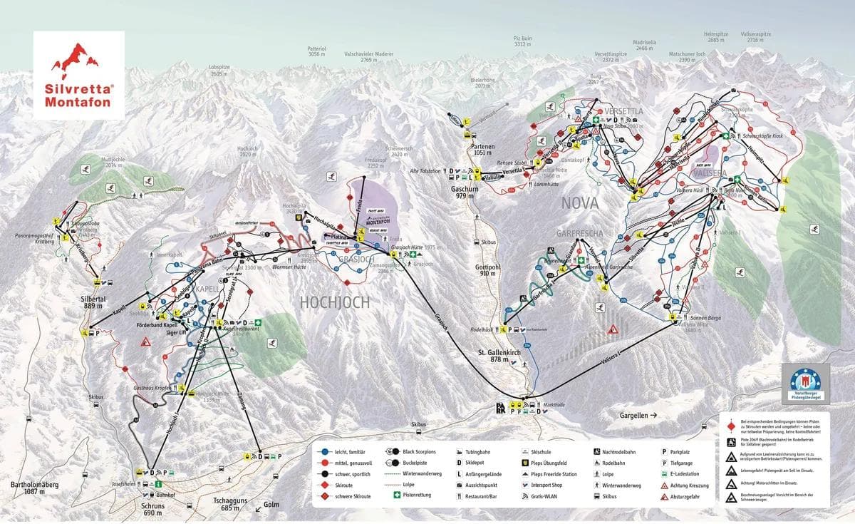 Silvretta Montafon complete trail map showing all ski runs and lifts