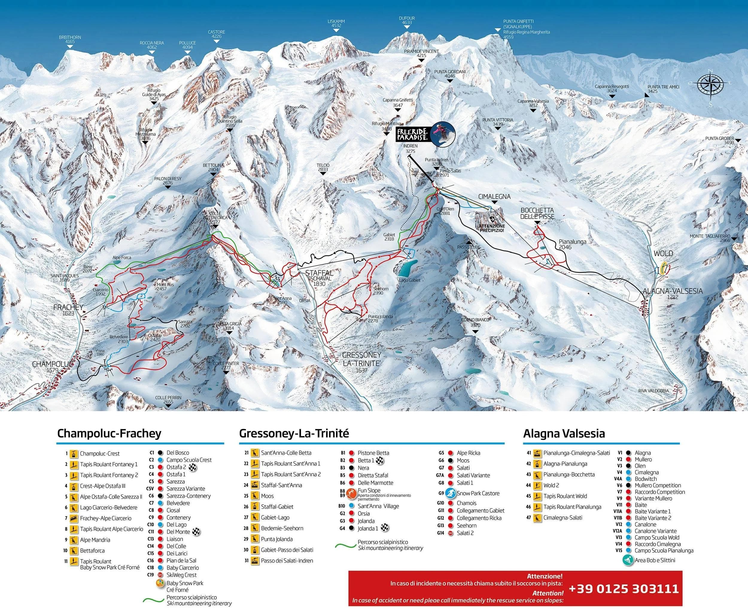 Monterosa Ski complete trail map showing all ski runs and lifts