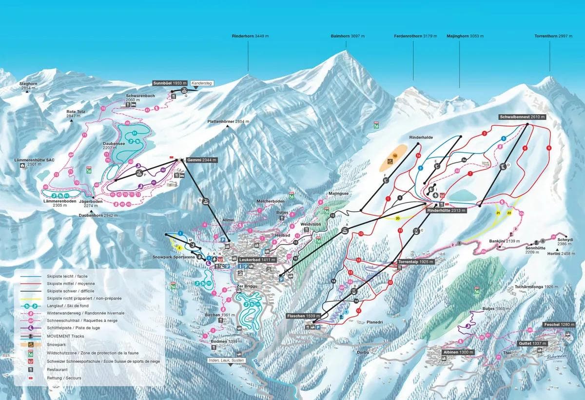 Leukerbad complete trail map showing all ski runs and lifts