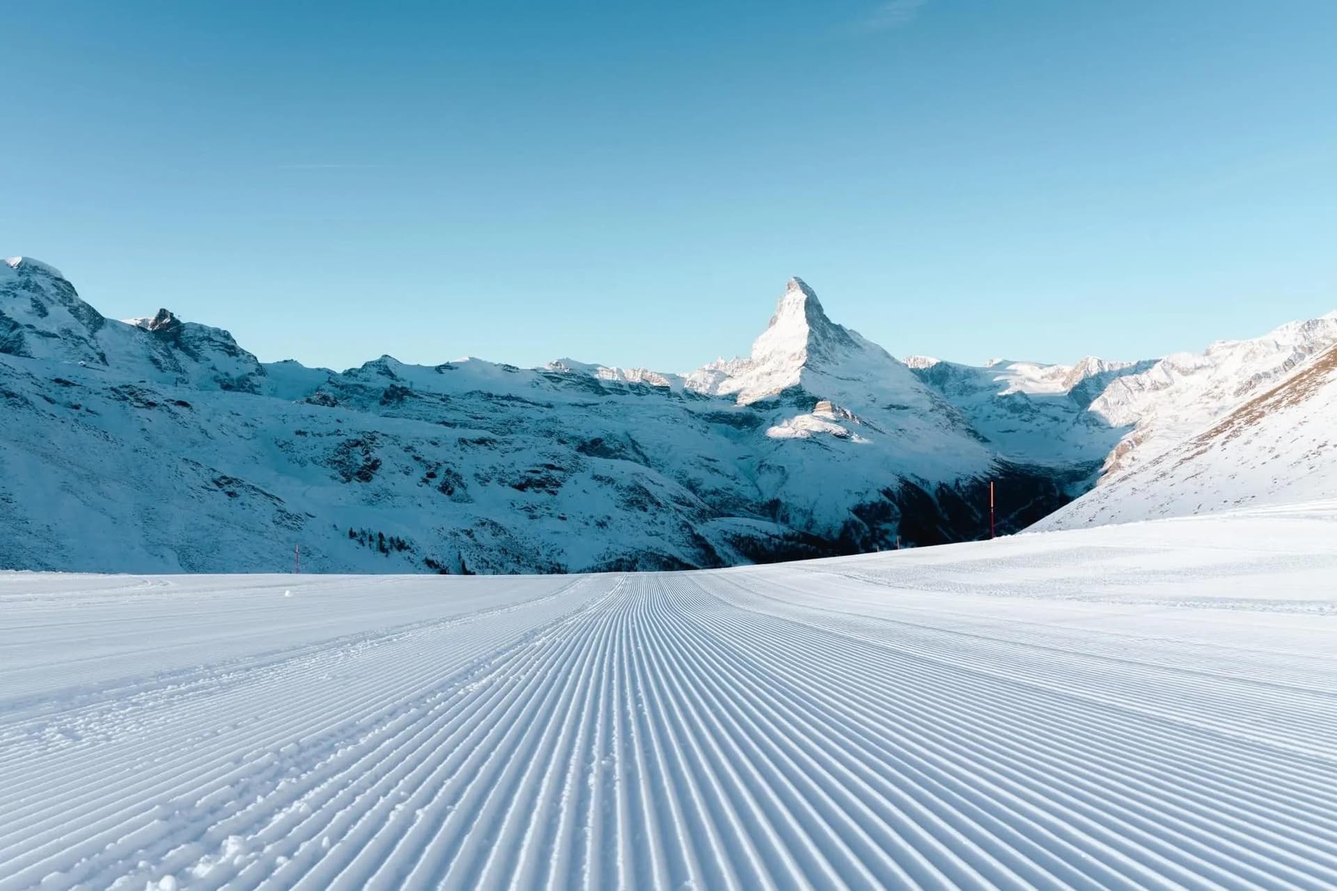 The Matterhorn peak towers over both Cervinia and Zermatt which is an interconnected ski resort.