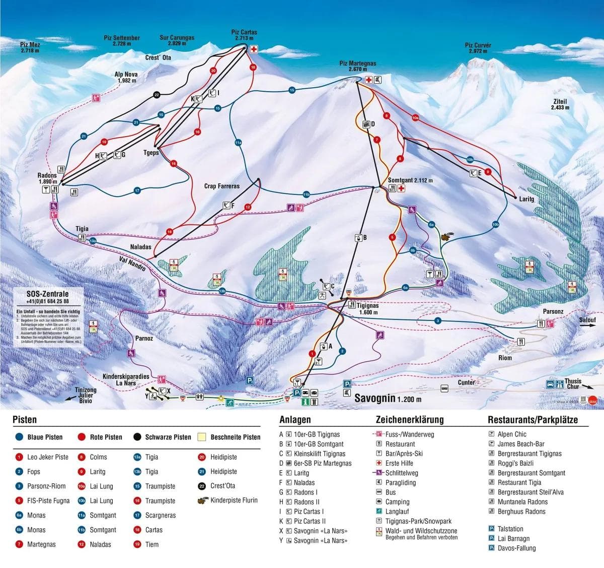 Savognin complete trail map showing all ski runs and lifts