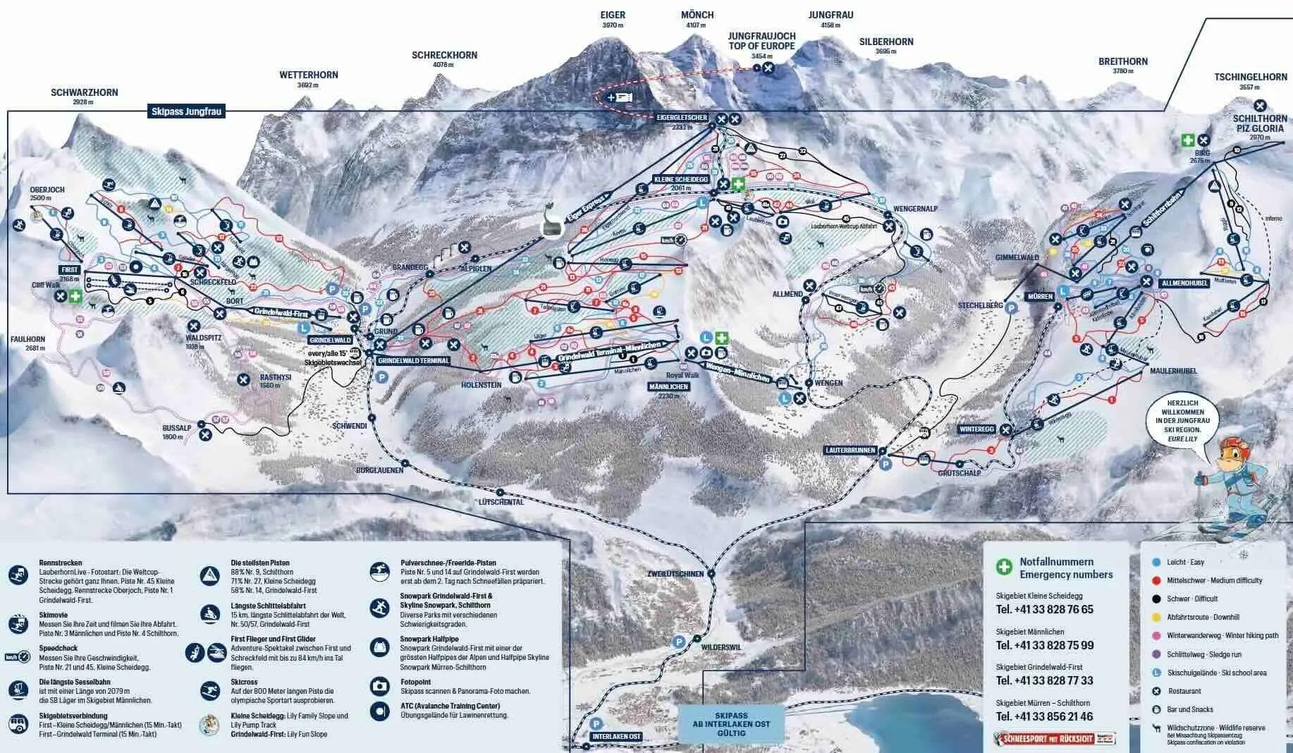 Grindelwald complete trail map showing all ski runs and lifts