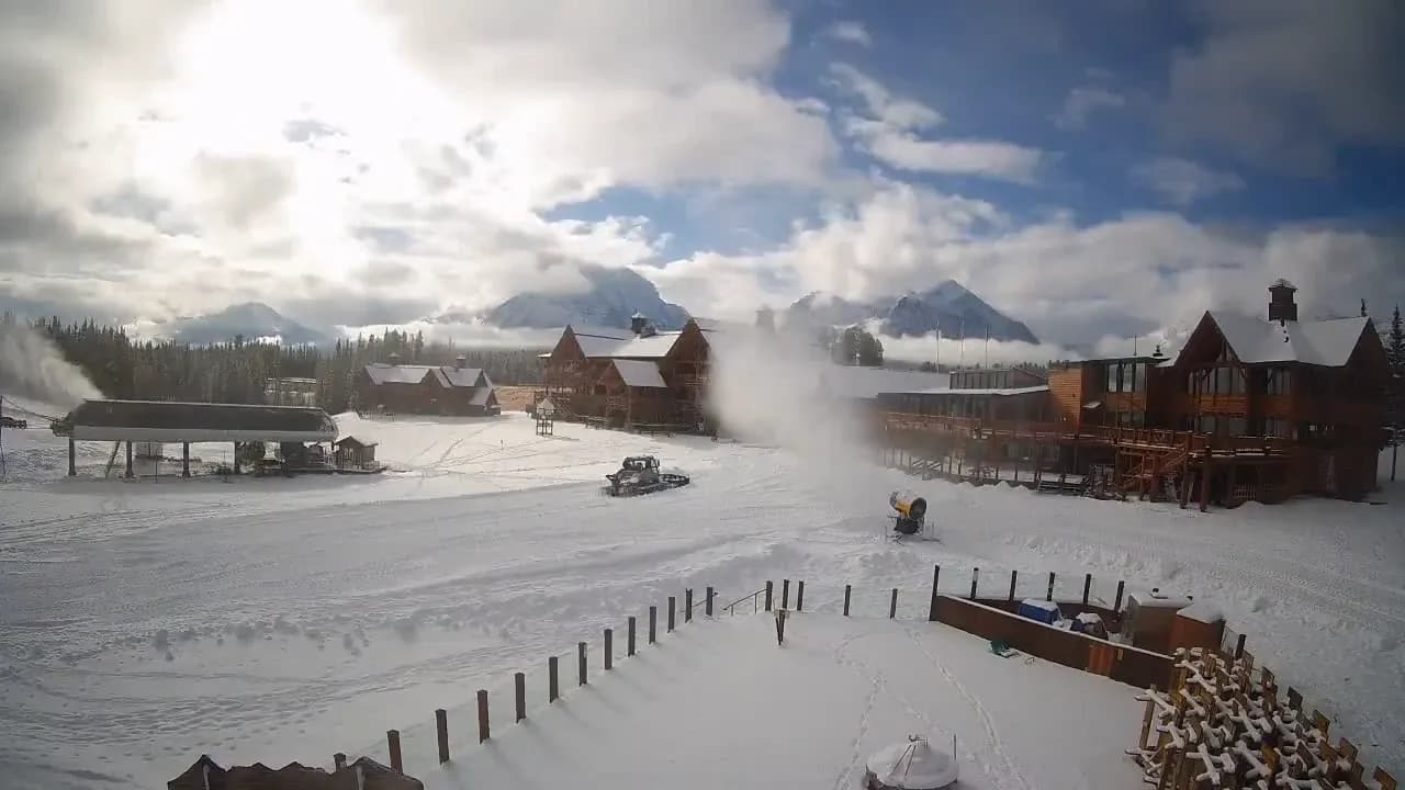 The snowguns are running non stop at the base area of Lake Louise ski resort.