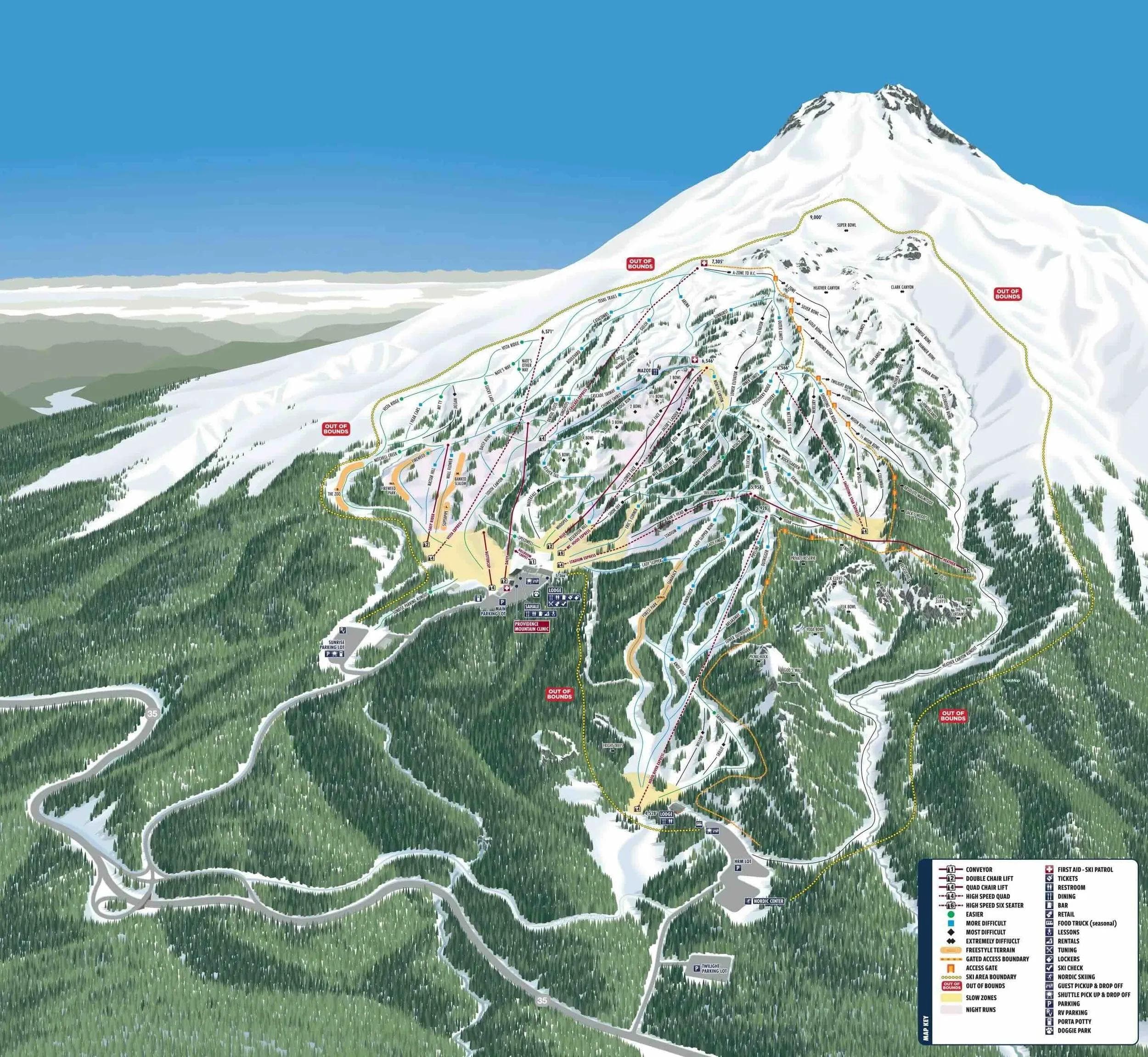 Mt Hood Meadows complete trail map showing all ski runs and lifts