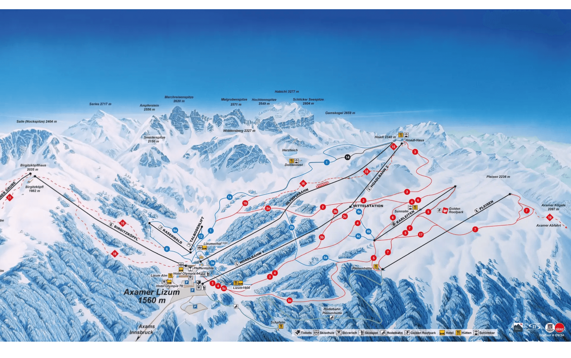 Axamer Lizum complete trail map showing all ski runs and lifts
