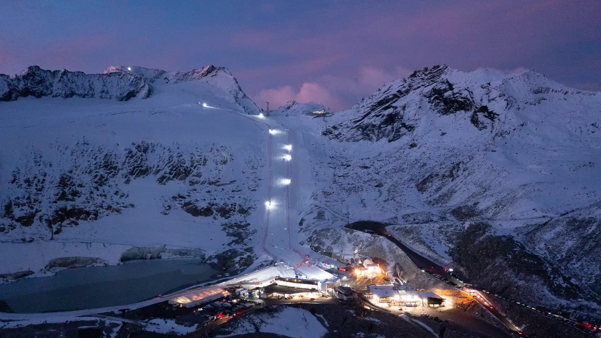 The Rettenbach glacier light up at night for the FIS World Cup