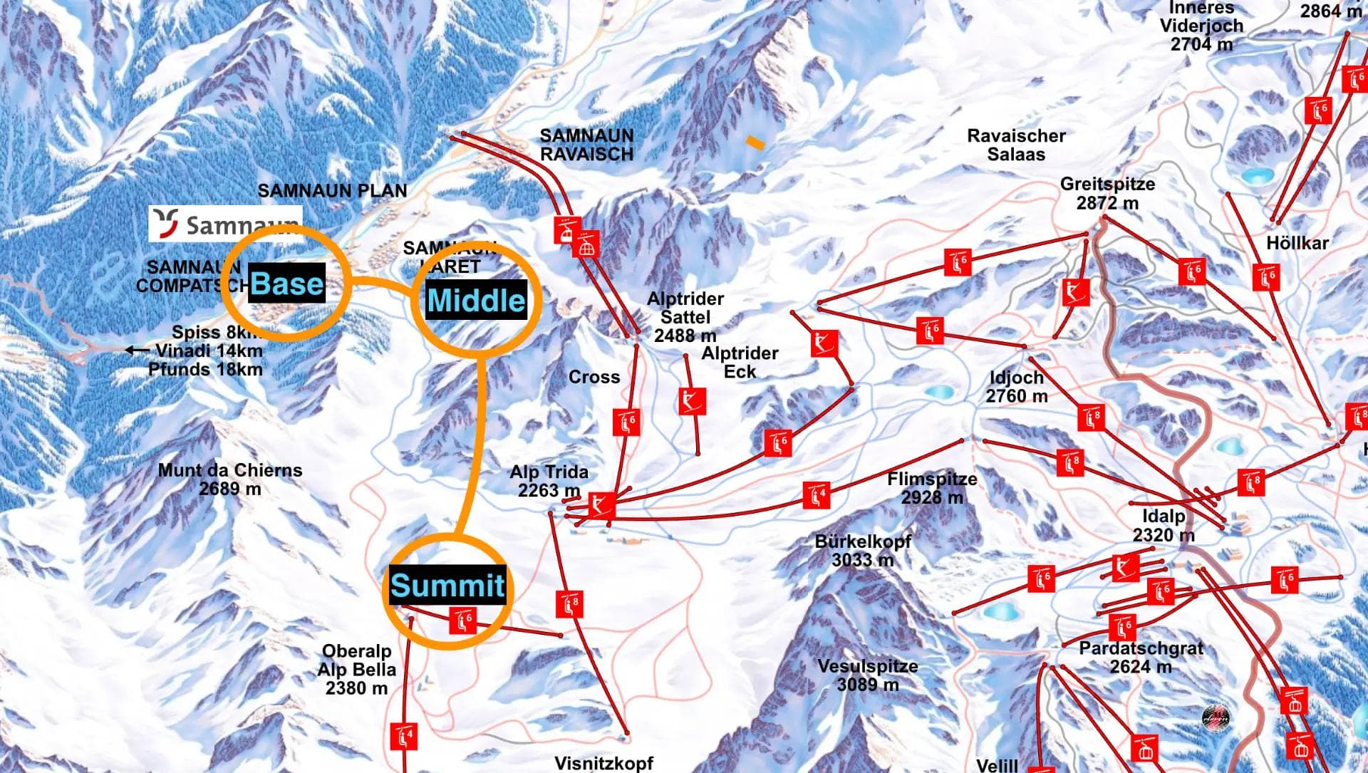 The location of the new lift on the Samnaun Ischgl trail map.