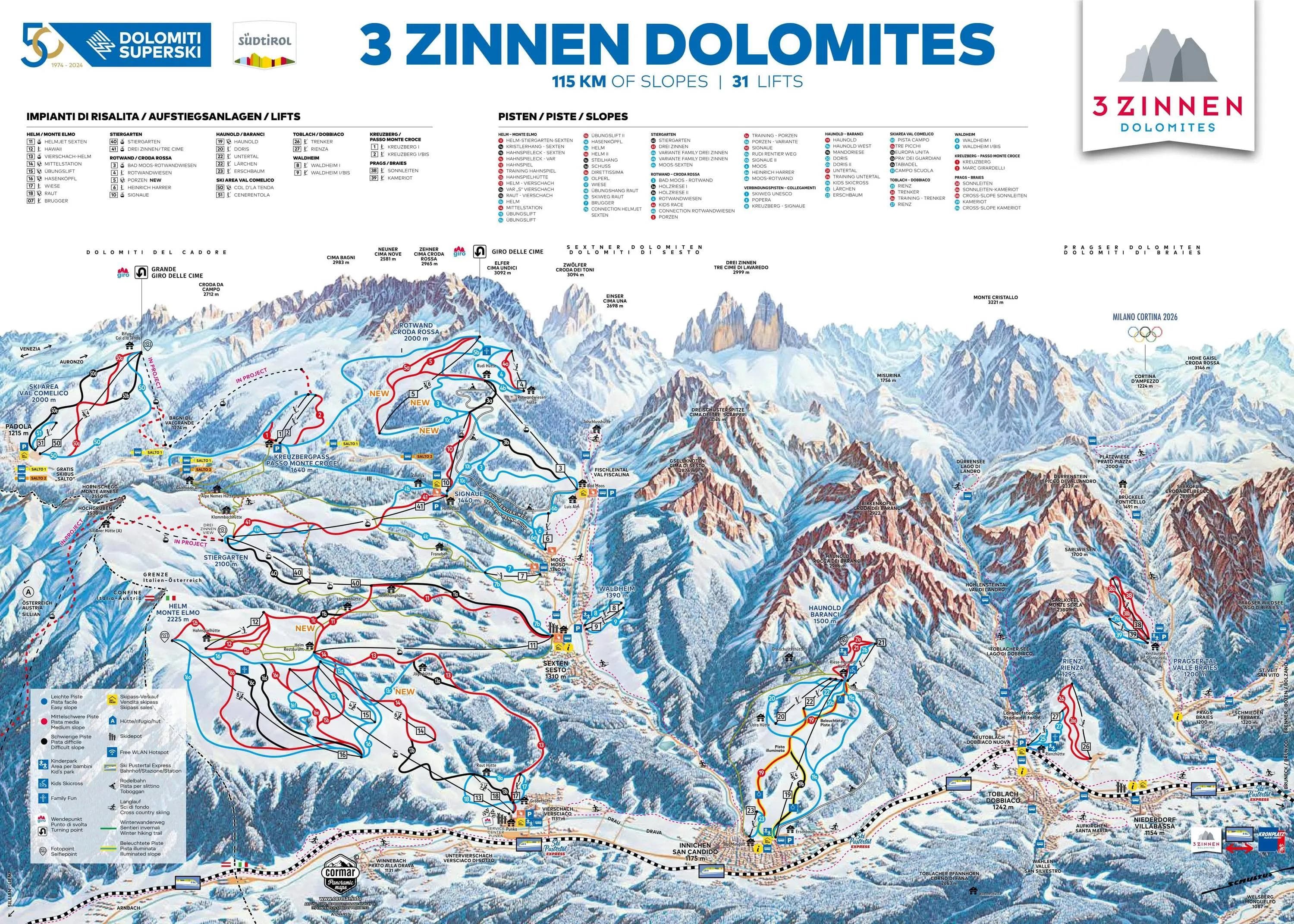 3 Zinnen Dolomites complete trail map showing all ski runs and lifts