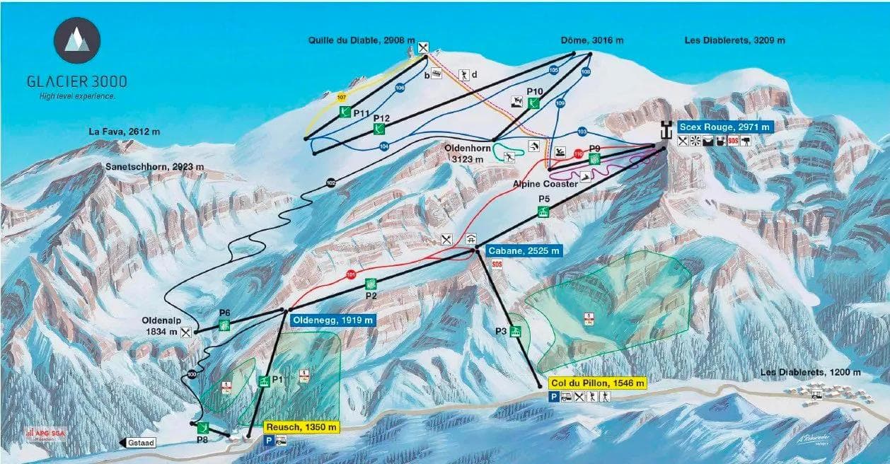 Glacier 3000 complete trail map showing all ski runs and lifts