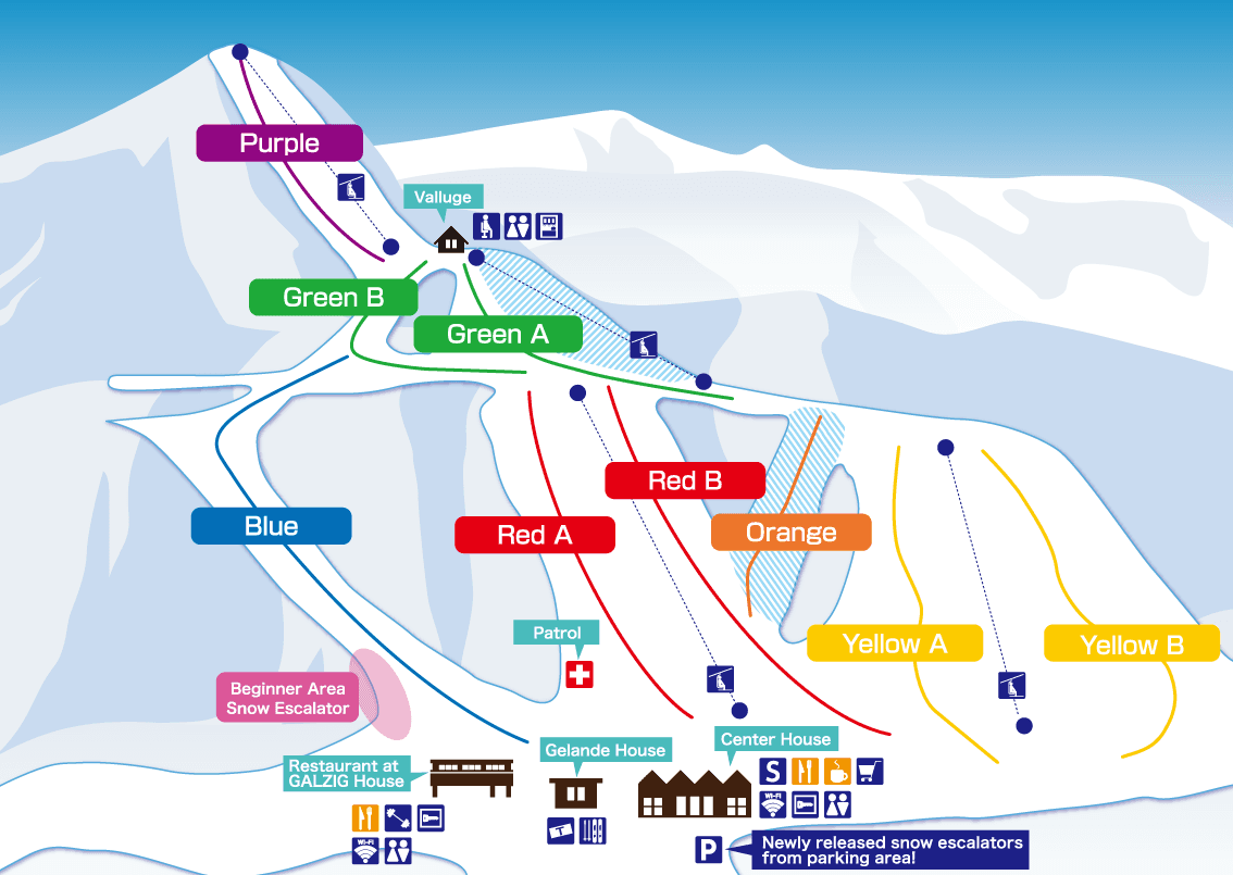 Asarigawa Onsen complete trail map showing all ski runs and lifts