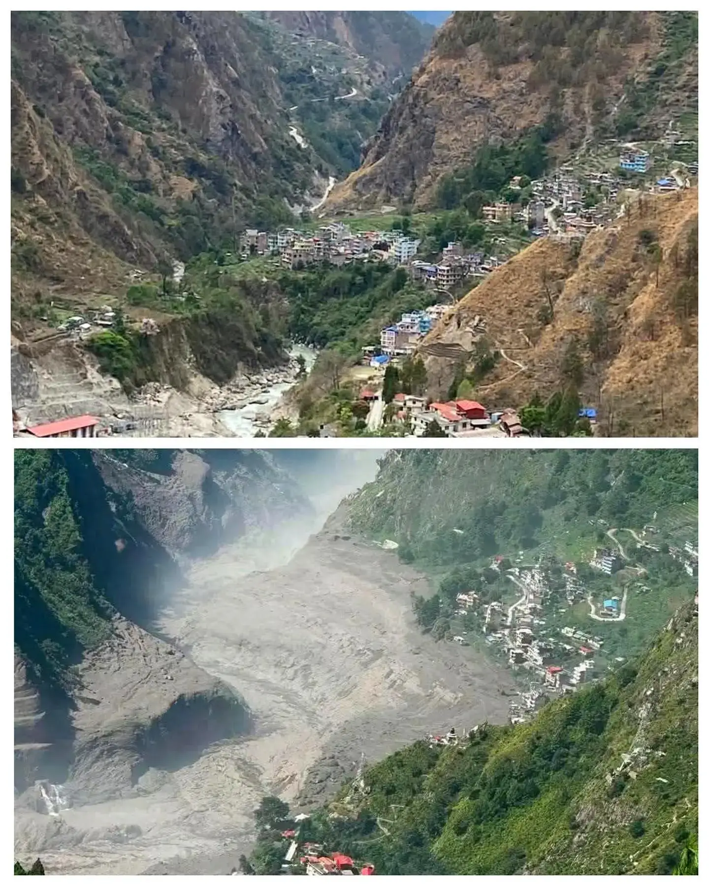 A view of the valley before and after the devastating flood and landside debris ripped through.