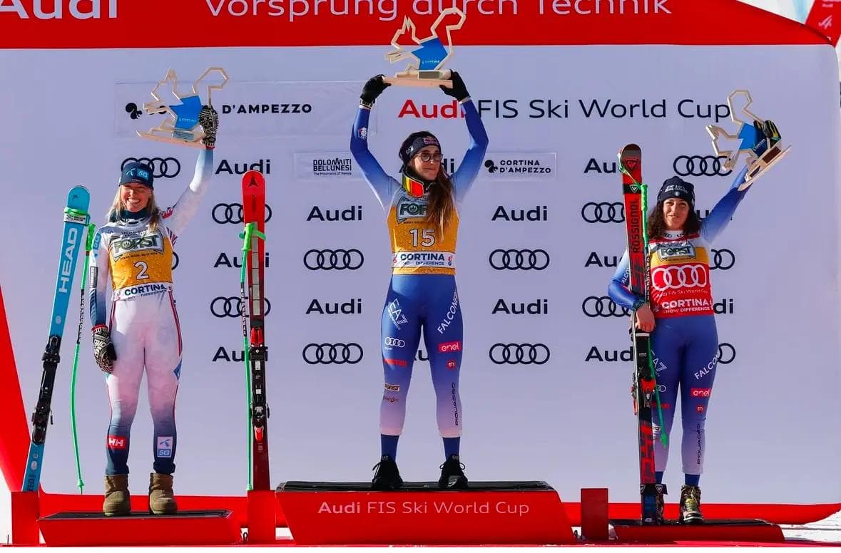 Saturday’s Downhill podium: Sofia Goggia 1st, Kajsa Lie 2nd, Federica Brignone 3rd.