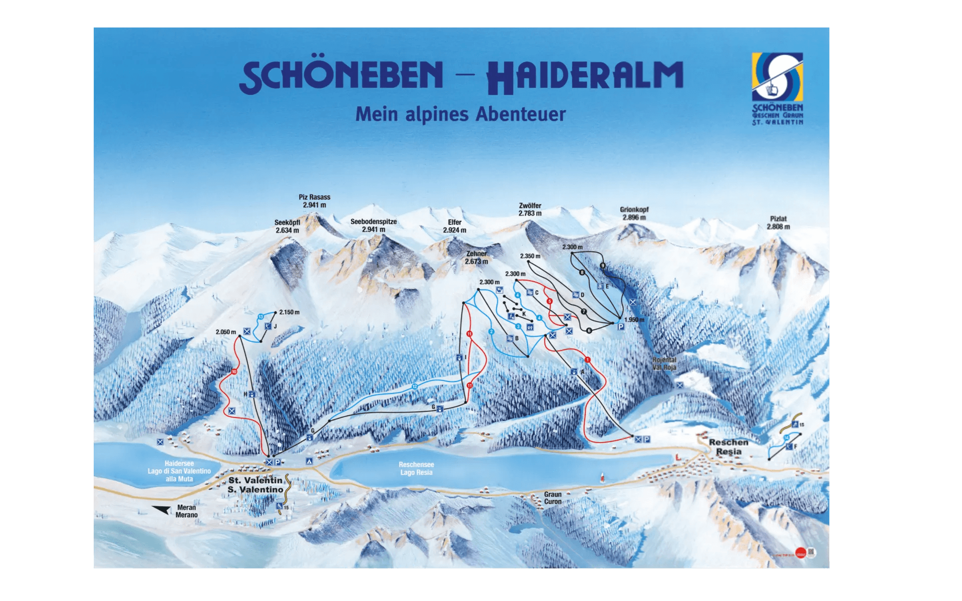 Belpiano (Schöneben) complete trail map showing all ski runs and lifts