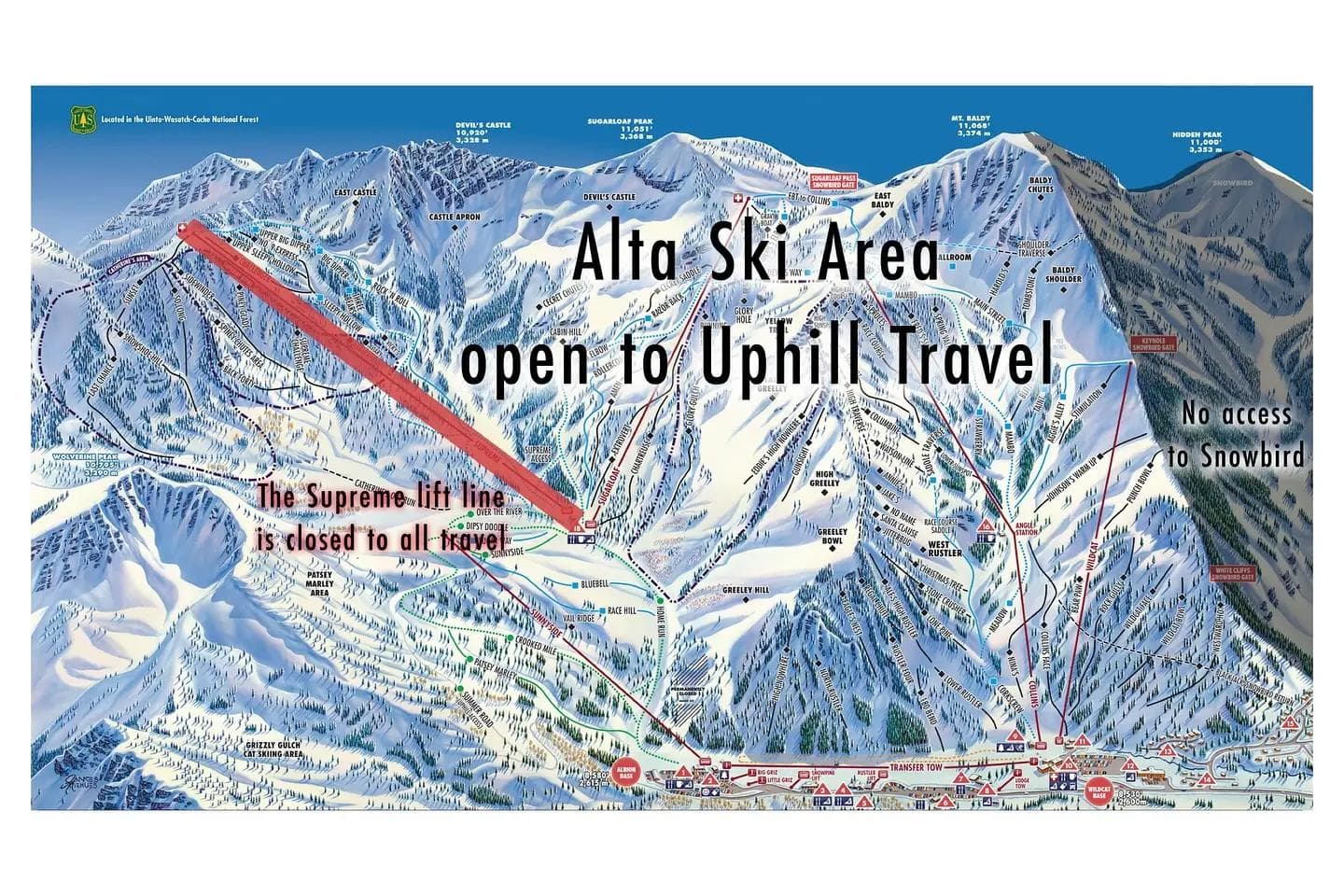 The map showing uphill at Alta ski area.