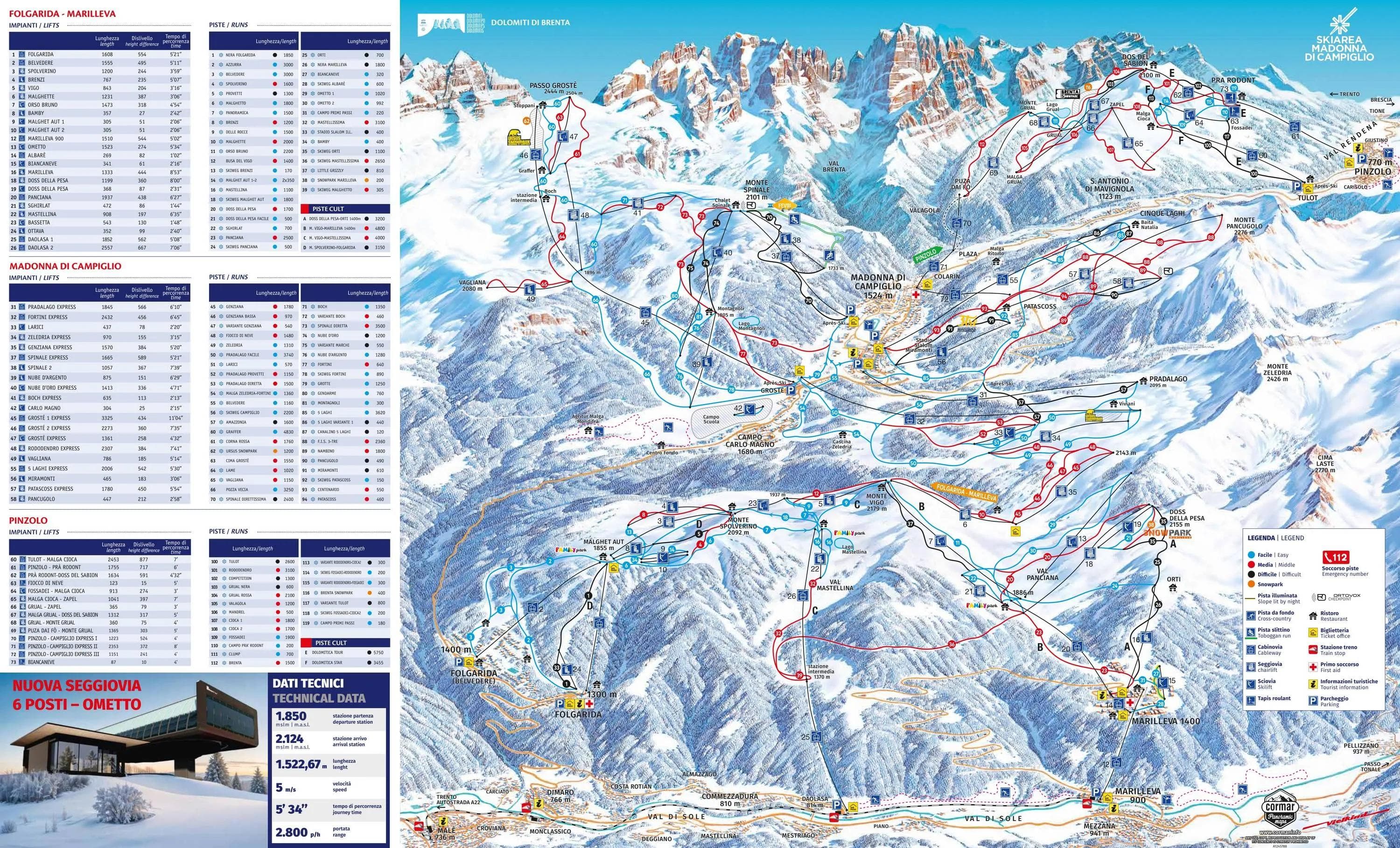 Madonna di Campiglio complete trail map showing all ski runs and lifts