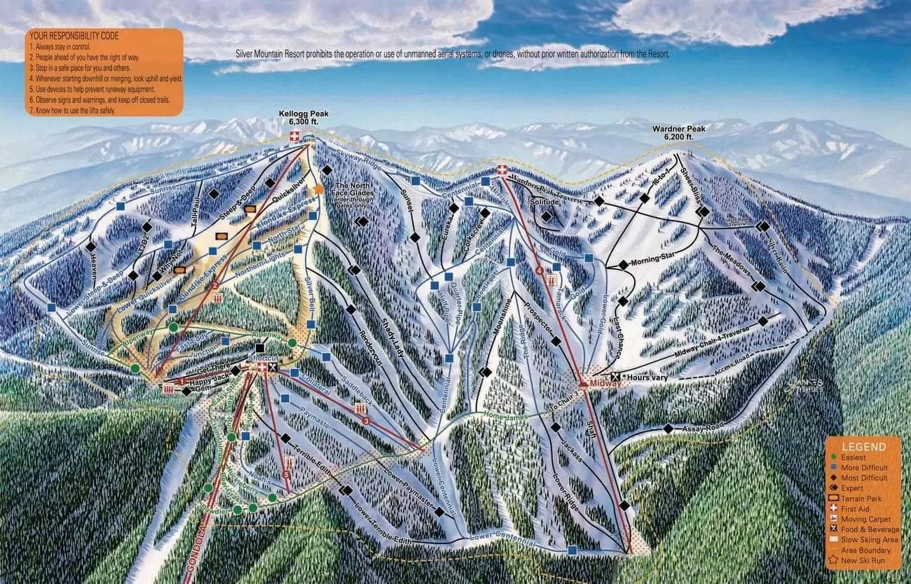 Silver Mountain complete trail map showing all ski runs and lifts