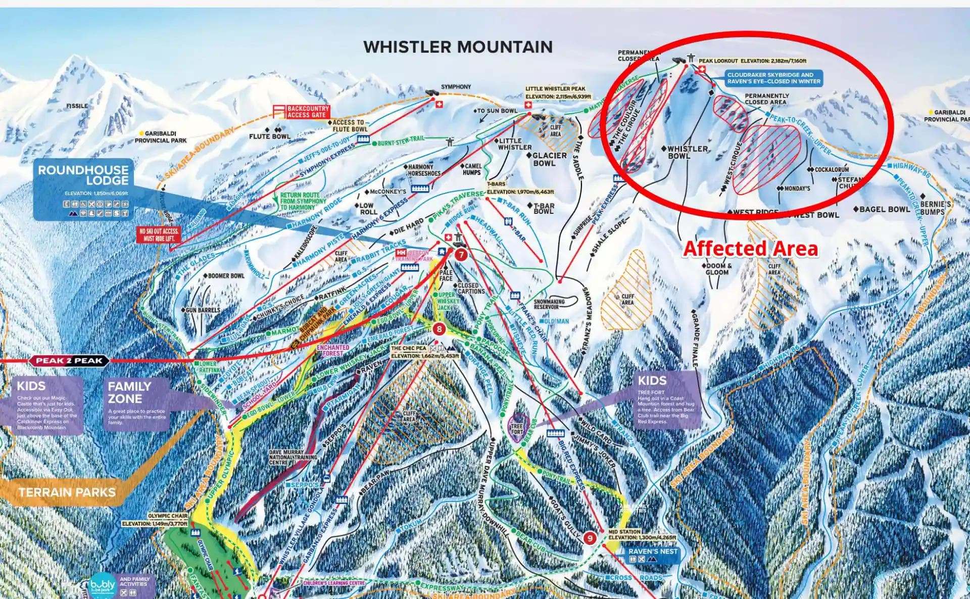 The location of the rockslide at Whistler Mountain.
