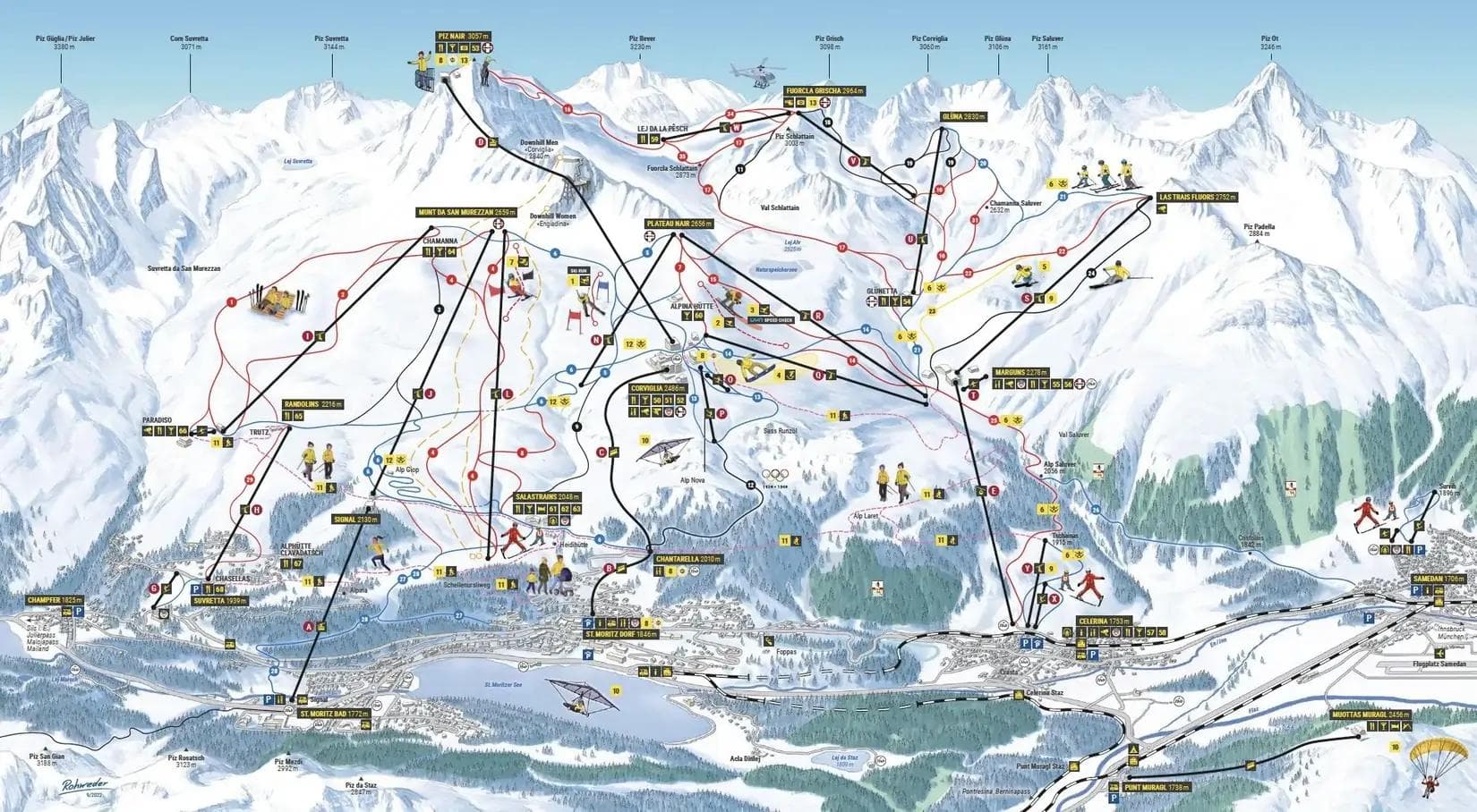 St Moritz - Corviglia complete trail map showing all ski runs and lifts