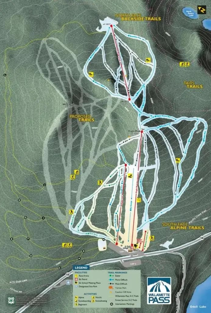 Willamette Pass complete trail map showing all ski runs and lifts