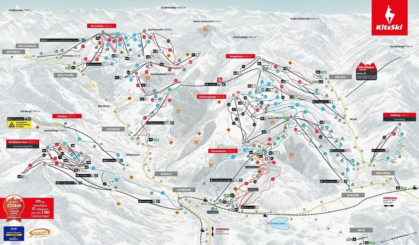 Kitzski / Kitzbühel complete trail map showing all ski runs and lifts