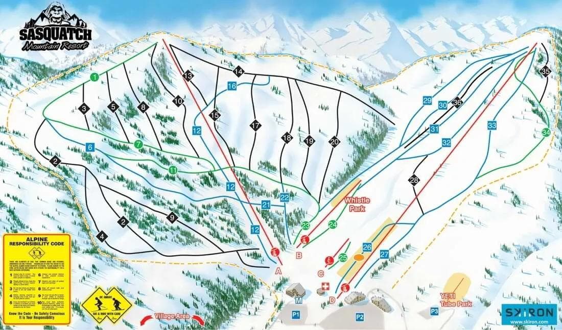 Sasquatch Mountain complete trail map showing all ski runs and lifts