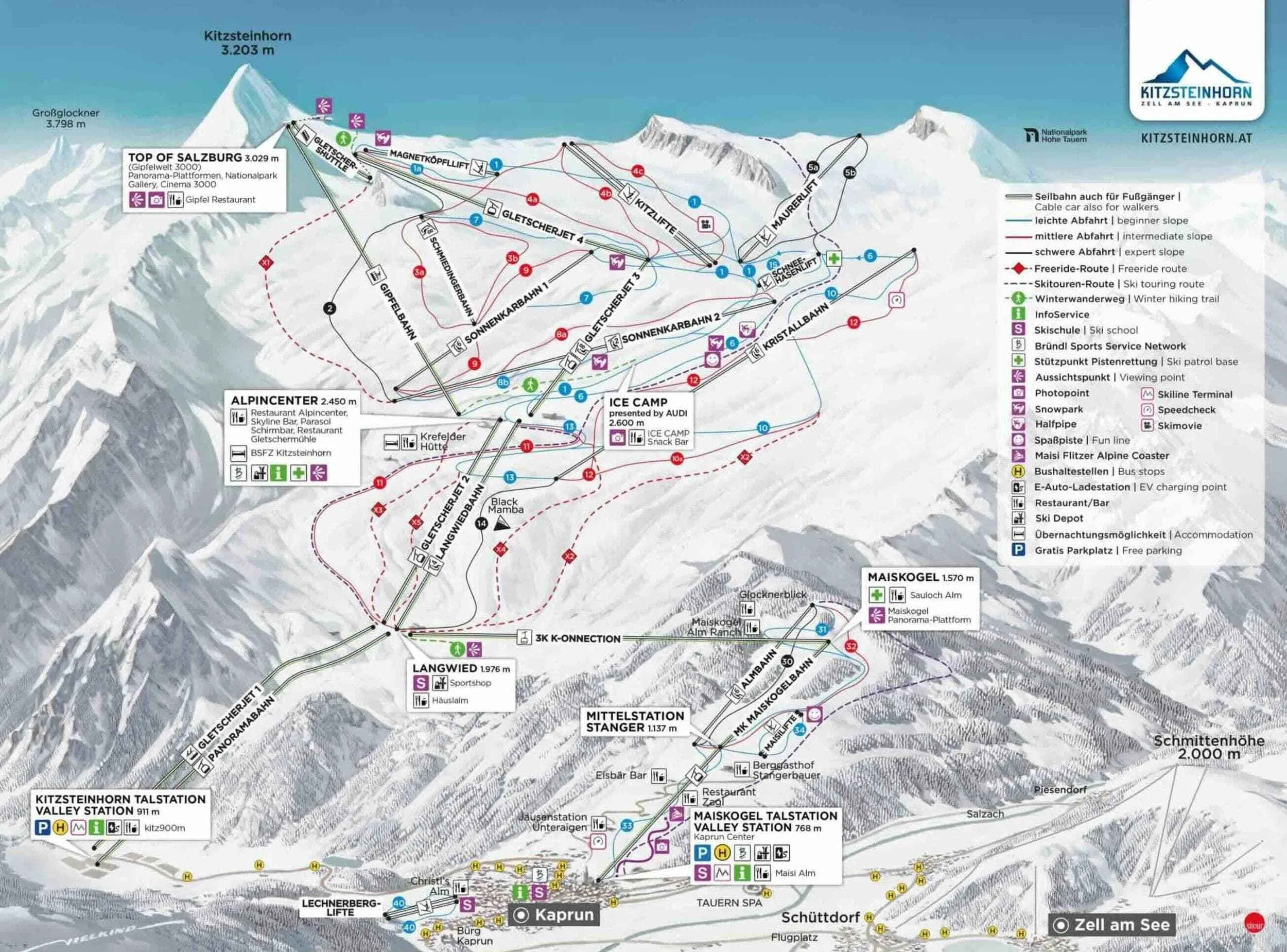 Kitzsteinhorn Resort complete trail map showing all ski runs and lifts