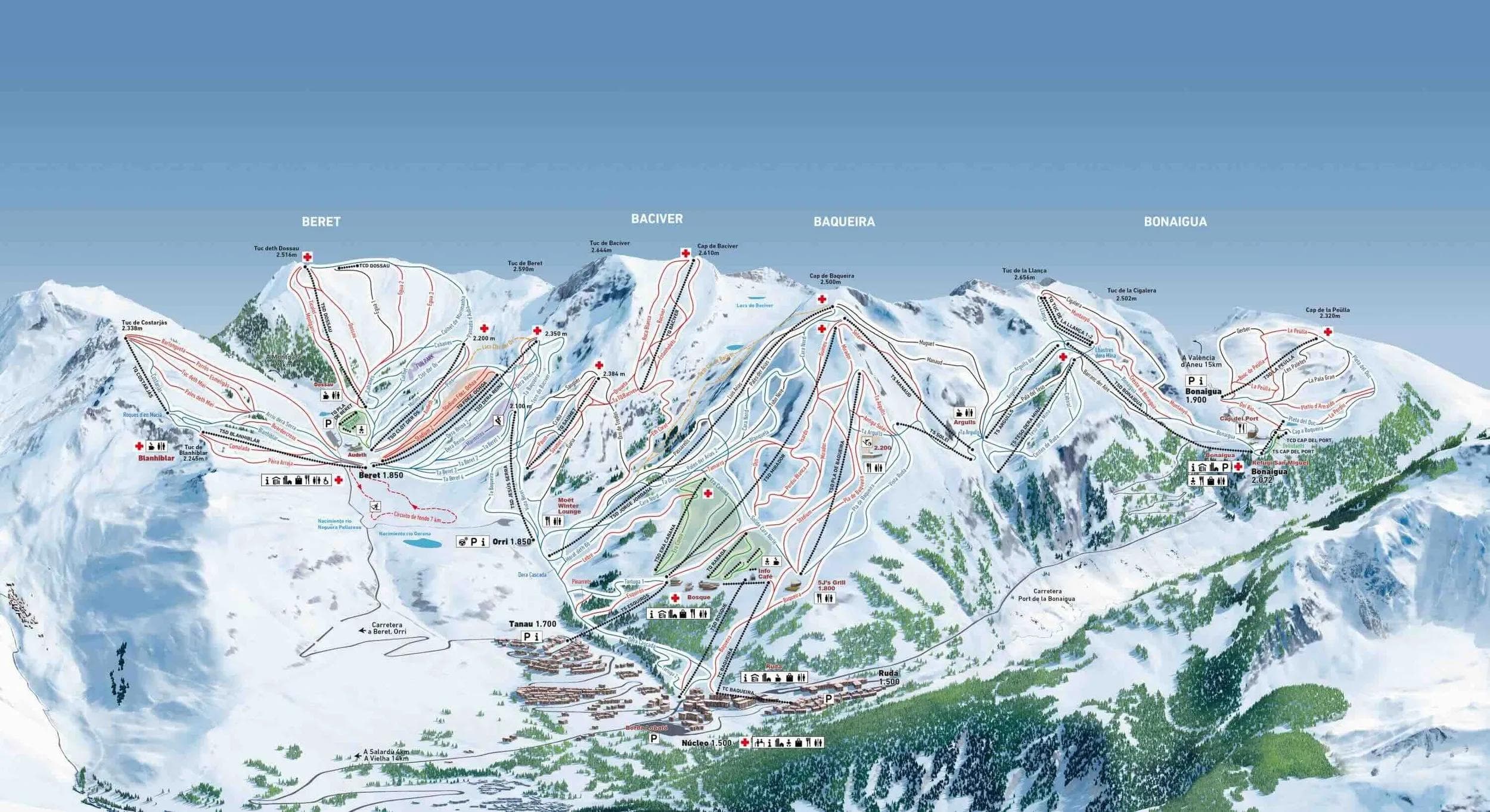 Baqueira Beret complete trail map showing all ski runs and lifts