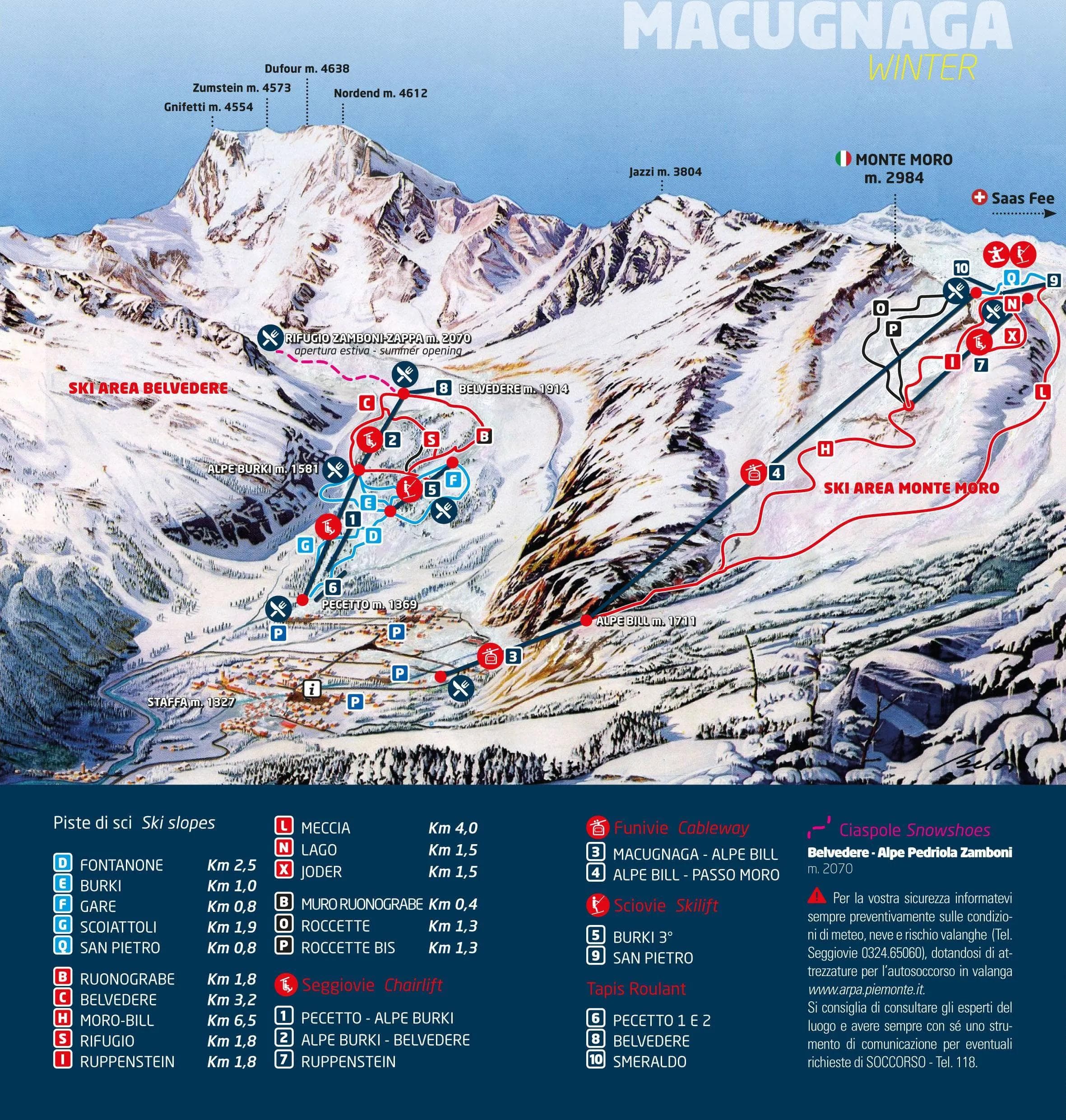 Macugnaga complete trail map showing all ski runs and lifts