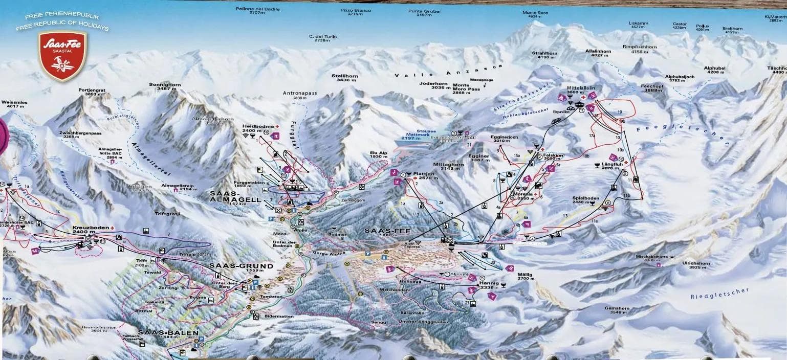 Saas Fee complete trail map showing all ski runs and lifts