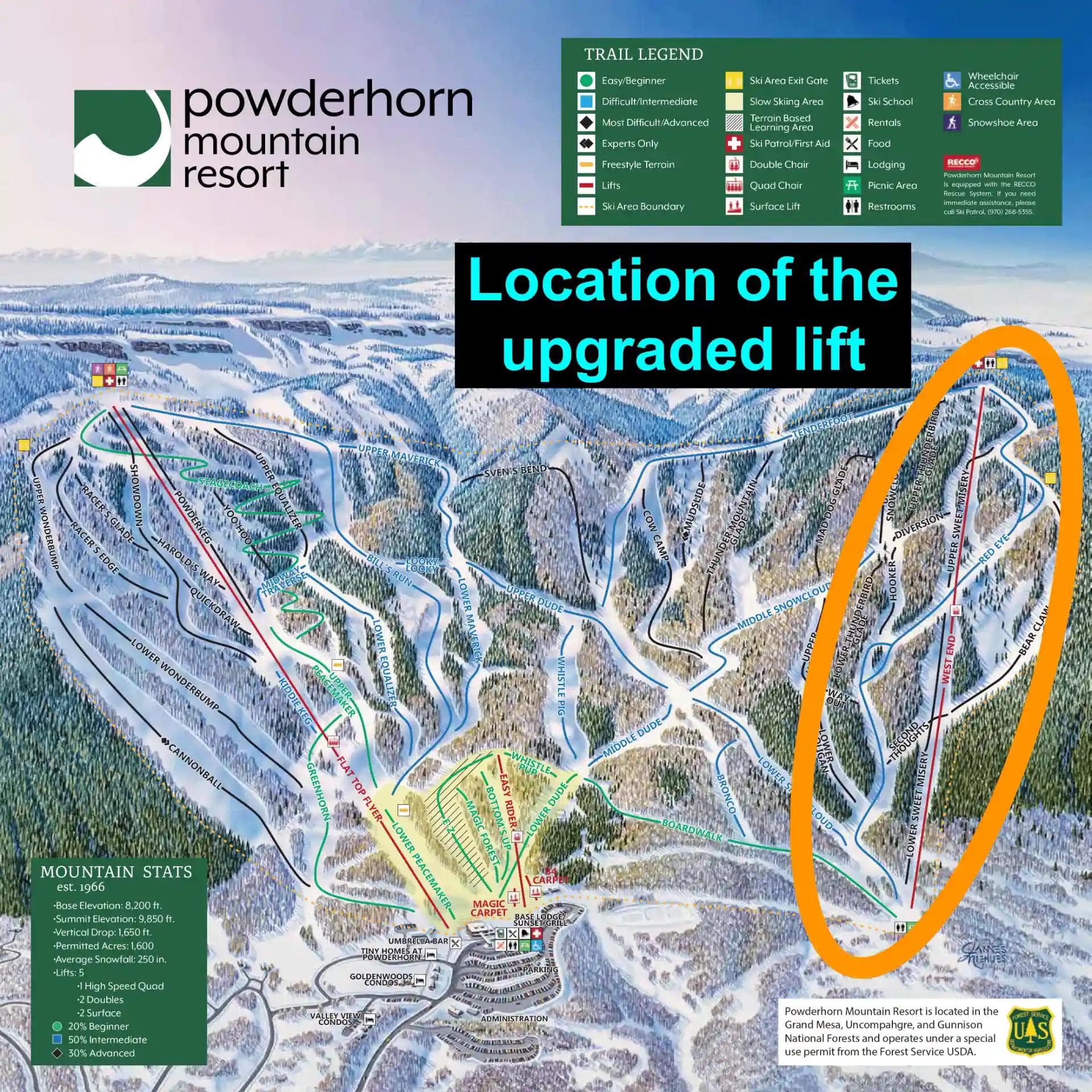 Powderhorn trail map showing the location of the new lift.