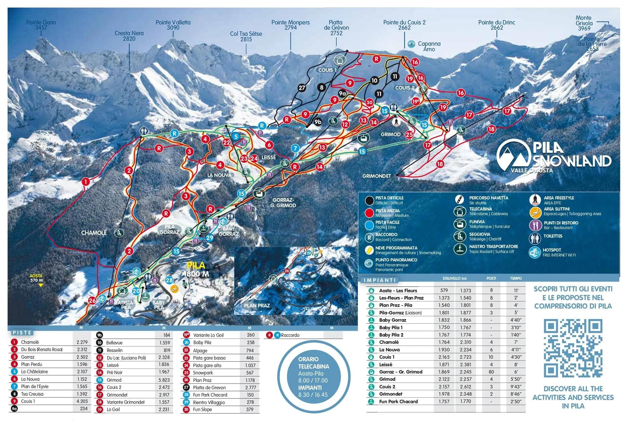 Pila Italy Ski Resort complete trail map showing all ski runs and lifts